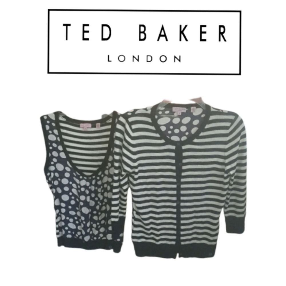 TED BAKER LONDON NAVY-CREAM CARDIGAN SWEATER SET - Picture 1 of 7
